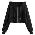 Black Cropped Zip-Up Hoodie with Drawstrings for Women