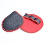 Red and black weight lifting grip pads with finger loops
