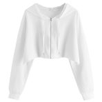 White cropped zip hoodie with drawstring and full sleeves
